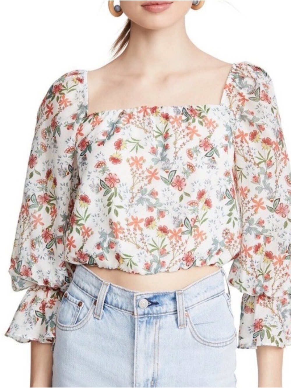 ALICE + OLIVIA WHITE ORANGE GREEN FLORAL PRINT BLOUSE DEB SQUARE NECK SZ XL NWT